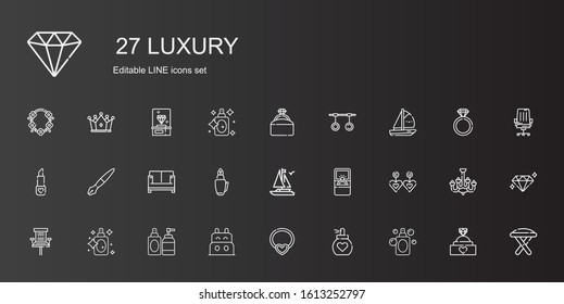 luxury icons set. Collection of luxury with perfume, necklace, boat, office chair, earrings, engagement ring, fountain pen, sofa, lipstick. Editable and scalable luxury icons.