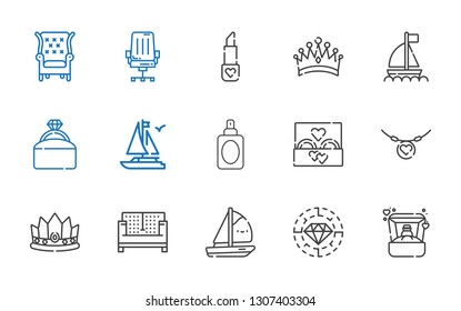 luxury icons set. Collection of luxury with ring, diamond, boat, sofa, crown, necklace, wedding ring, perfume, engagement ring, lipstick, chair. Editable and scalable luxury icons.