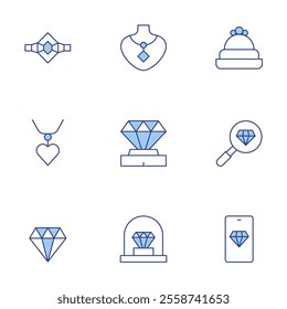 Luxury icons set. Line Duotone style, editable stroke. diamond, search, smartphone, necklace, ring.