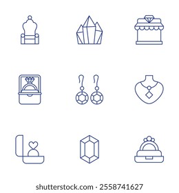Luxury icons set. Thin Line style, editable stroke. chair, crystals, diamond ring, earrings, engagement, gem, jewelry, necklace, ring.