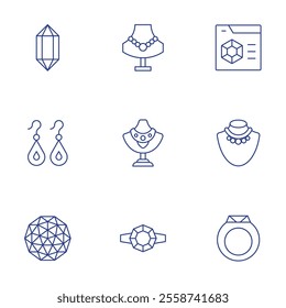 Luxury icons set. Thin Line style, editable stroke. crystal, earrings, gem, jewelry, luxury shop, necklace, ring.