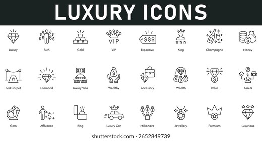 Ilustração de vetor de ícones de luxo com linha fina editável traço contendo rico premium milionário anel joia ativos valor rei dinheiro caro diamante rico joias ricas afluência.