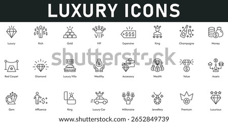 Luxury Icons vector illustration with thin line editable stroke containing rich premium millionaire ring gem assets value king money expensive gold diamond wealthy jewelry affluence.