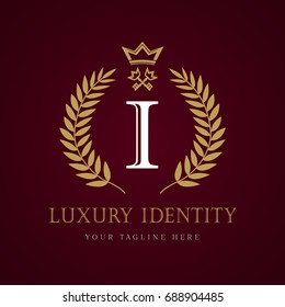 Luxury identity crown key letter I monogram logo. Laurel elegant beautiful round I logo with crown and key. Vector letter emblem sign I for Royalty, Restaurant, Boutique, Hotel, Heraldic, Jewelry