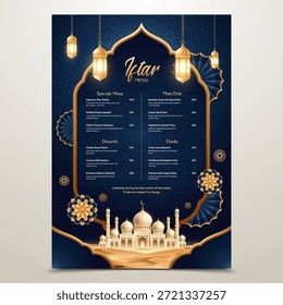 Diseño de lujo del cartel del menú de Iftar con la mezquita elegante, las linternas doradas y el marco árabe del arco del Ramadán