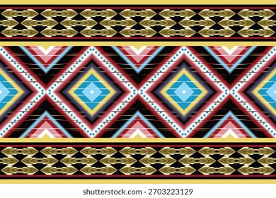 Padrão de ikat de luxo com bordas de ouro e motivos de diamante azul-vermelho. Misturando estilo tradicional de tecelagem com elegância moderna. Perfeito para têxteis, decoração e design de moda.