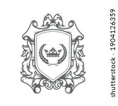 luxury imperial coat of arms template, laced heraldic shield with king crown, ancestral medieval crest or blazon,  vector