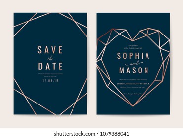 Luxury indigo Wedding Invitation cards with blue background and Geometric rose gold texture vector