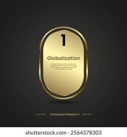 A Luxury Infographic button vector on dark background with number ONE options. and A sleek oval design featuring a metallic gold surface bordered by a polished golden rim