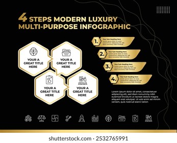 Modelo infográfico de luxo com 4 passos design moderno elegante fundo preto, moderno vetor infográfico modelo