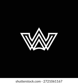 Luxuriöses anfängliches AW Logo Design. Minimalistisches weißes Umrissmonogramm, das eine Krone oder Bergform auf schwarzem Hintergrund bildet. Geometrisches lineares Symbol, geeignet für Immobilien, Anwaltskanzlei oder Modemarke.