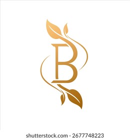 Luxury Initial B logo icon vector with leaf element in line style design