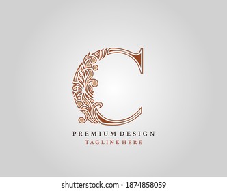 Luxury Initial C Letter logo icon, Elegant floral ornament monogram design vector.