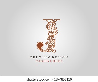Icono del logotipo de la letra J inicial de lujo, vector de diseño monocasco de ornamento floral elegante.