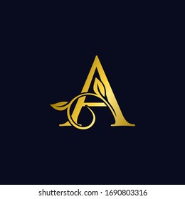 Luxury A  Initial Letter Logo gold color, vector design concept ornate swirl floral leaf ornamen with initial letter alphabet for luxury style.