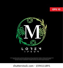 luxury initial letter m green floral logo. mdern icon, template design