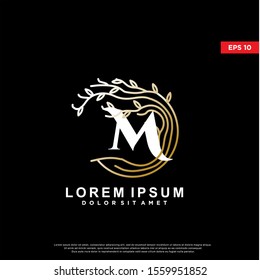 luxury initial letter m rooted tree logo. modern icon, template design