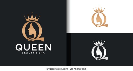 Luxury initial letter Q for queen logo. Beauty woman and crown golden