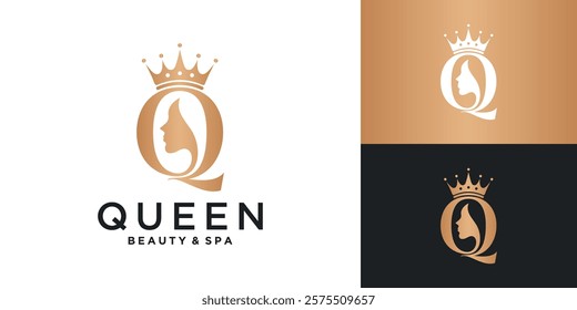 Luxury initial letter Q for queen logo. Beauty woman and crown golden