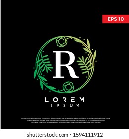 luxury initial letter r green floral logo. mdern icon, template design