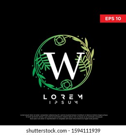 luxury initial letter w green floral logo. mdern icon, template design