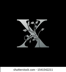 Luxury Initial Letter X logo icon. Creative vector logo icon design concept  nature floral tree ornament with letter X silver color for business or company identity. 