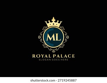Luxo inicial ml modelo de design de logotipo palácio real. Logotipo real heráldico emblema vetor elegante ilustração artwork