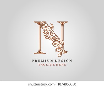 Icono del logotipo inicial de lujo N Carta, Elegante adorno de adorno floral monocasco vector de diseño.