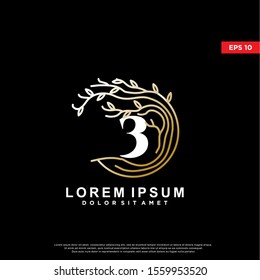 luxury initial number 3 rooted tree logo. modern icon, template design