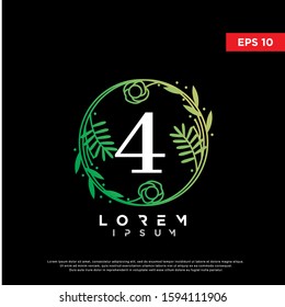 luxury initial number 4 green floral logo. mdern icon, template design