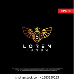 luxury initial number 5 inside winged shield logo. modern icon, template design