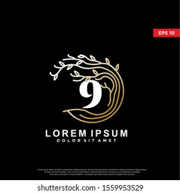 luxury initial number 9 rooted tree logo. modern icon, template design