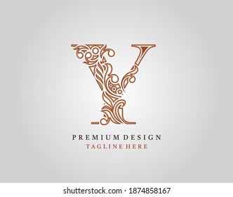 Icono del logotipo de la letra Y inicial de lujo, vector de diseño monocasco de ornamento floral elegante.