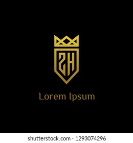 luxury initial Z H monogram with shield and crown in gold logo vector design, 