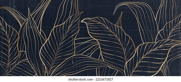 Luxury ink art background with tropical leaves in gold line art style. Botanical abstract blue banner for wallpaper design, print, packaging, decor, textile, fabric, invitations.
