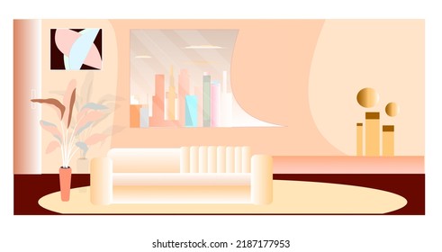 Luxuriöses Interieur-Design mit Sofa, dekorative Farn-Pflanze, modernes Fenster mit Stadtsicht, abstrakte dekorative Malerei und figurative dekorative Elemente. Vektordesign.