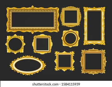 Luxury interior frames. Vector golden frame shapes, gold elegant vintage royal borders for gorgeous mirror or rococo painting