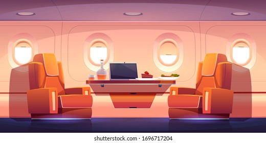 Luxury interior of private jet with armchairs, table with laptop, food and drink. Vector cartoon illustration of business class plane cabin for rich passengers with comfortable seats