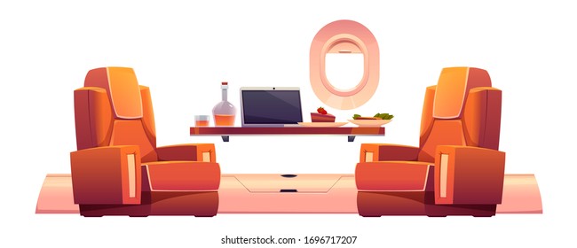 Luxury interior of private jet with armchairs, table with laptop, food and drink. Vector cartoon illustration of business class plane cabin for rich passengers with comfortable seats isolated on white