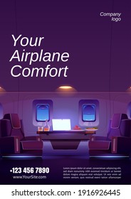 Luxury interior of private jet with armchairs, table with laptop, food and drink. Vector flyer of aircraft company with cartoon illustration of business class plane cabin with comfortable seats