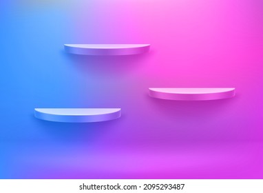 Luxury interior with shelves with neon effect. Realistic 3d style vector illustration 