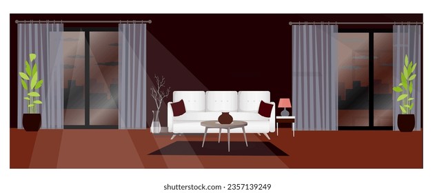 Lujosos interiores con paredes de color vino, suelo marrón rojizo, salón con sofá en tonos grises claros con tonos blancos y plateados, decoración minimalista y ventanas con vistas a la ciudad. Vectores.