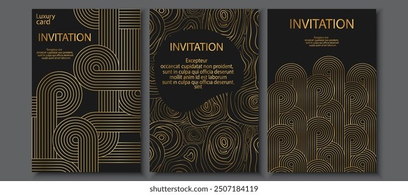 Luxury invitation art deco card background set. Abstract Gold geometric shape, gold line gradient on dark background. Premium design for gala, grand opening, party invitation, layout, templates.