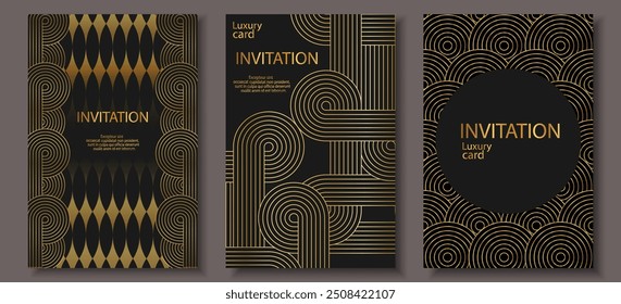 Luxury invitation art deco card background set. Abstract Gold geometric shape, gold line gradient on dark background. Premium design for gala, grand opening, party invitation, layout, templates.	