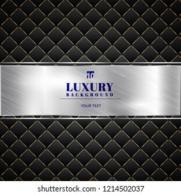 Luxury invitation black background with a pattern of squares texture and silver ribbon banner. Vector illustration
