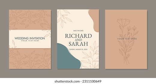 Luxury invitation card background with line art flowers and botanical leaves, Organic shapes, Watercolor. Vector invitation design for wedding cover template, flyer, cover, book, card.