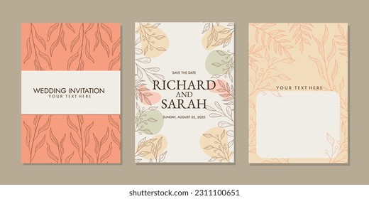 Lujosos antecedentes de tarjetas de invitación con flores de arte en línea y hojas botánicas, formas orgánicas, acuarela. Diseño de invitación vectorial para la plantilla de cubierta de bodas, volante, portada, libro, tarjeta.