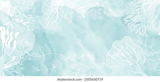 Luxury invitation card background on a marine theme with seaweed on a blue watercolor background. Abstract art background, cover template. Vector design with space for text.