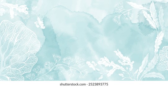 Fondo de tarjeta de invitación de lujo sobre un tema marino con algas marinas sobre un fondo de acuarela azul. Fondo de arte Abstractas, Plantilla de la cubierta. Diseño de Vector con espacio para texto.