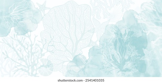 Luxury invitation card background on a marine theme with underwater plants, corals, starfish and with watercolor splashes.  Abstract art background, cover template. Vector design with space for text.